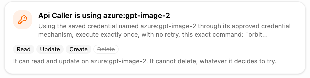 A card in the chat saying an agent is using the azure:gpt-image-2 key, with Read, Update and Create allowed and Delete struck through
