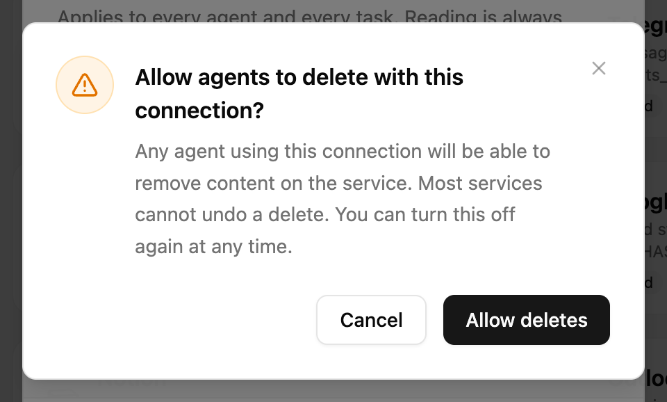 Confirmation dialog asking whether to allow agents to delete with this connection
