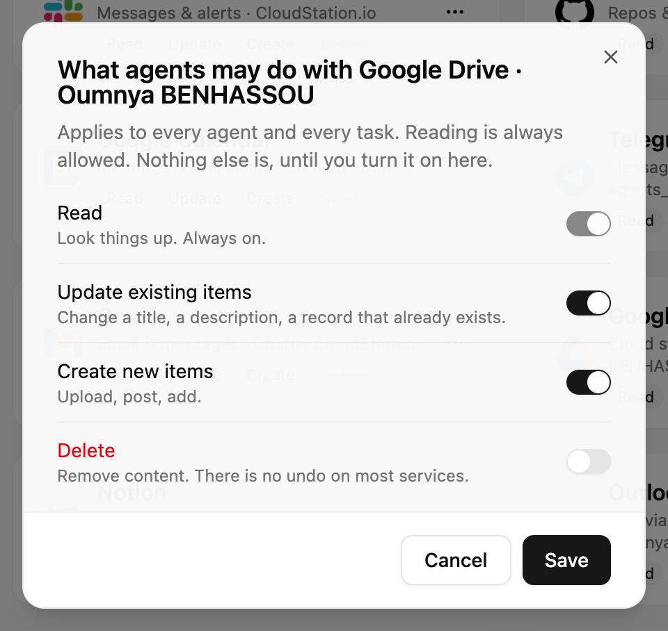 The Permissions dialog for a Google Drive connection with Read, Update, Create and Delete switches