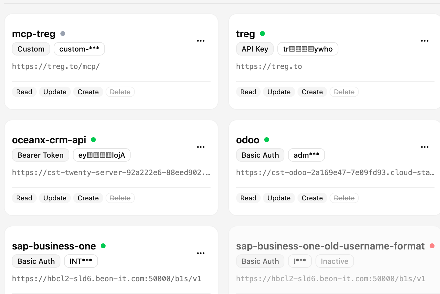 The API keys settings page showing each saved key with its Read, Update, Create and Delete chips