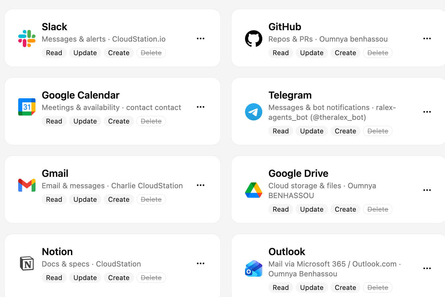 The Connections settings page showing each connection with its Read, Update, Create and Delete chips