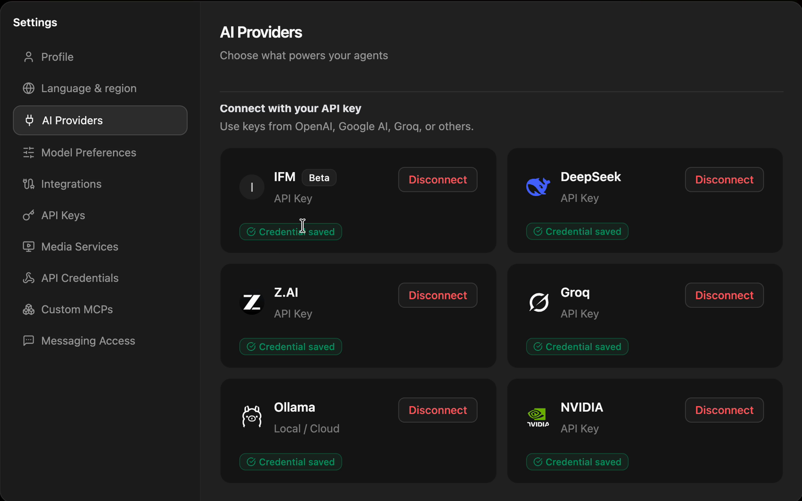 The AI Providers settings with IFM connected and its credential saved