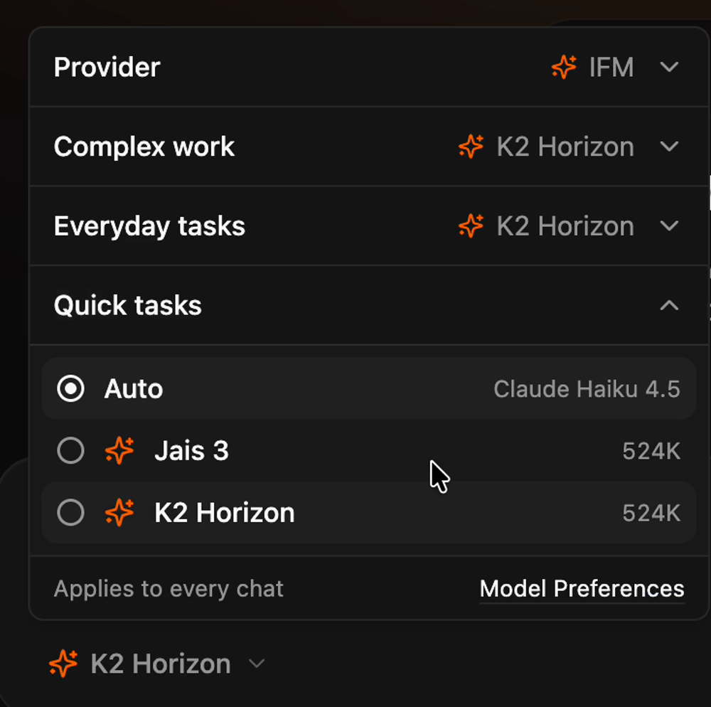 The model menu with IFM as provider and K2 Horizon chosen for complex work and everyday tasks