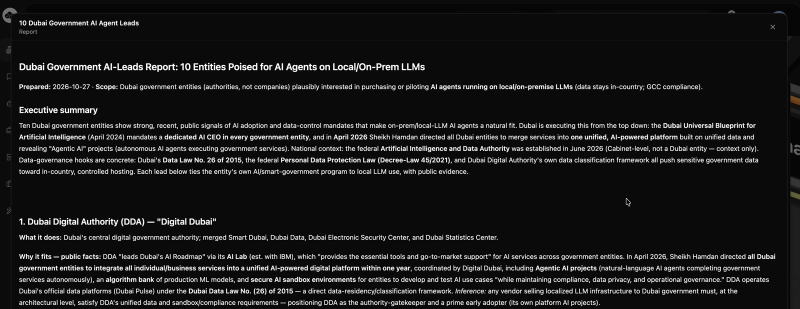 The research report titled Dubai Government AI-Leads Report, opening with its executive summary